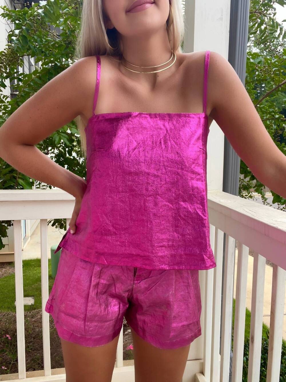 NEW LANHTROPY metallic linen top in fuchsia
